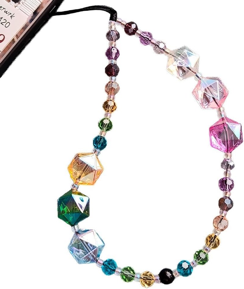 WCCH Beaded Phone Charm Y2K Kawaii Handmade Acrylic Phone Lanyard Wrist Strap for Camera Bag Airpods Keychain Charm Colorful Hexagonal Crystal Beads - Image 1